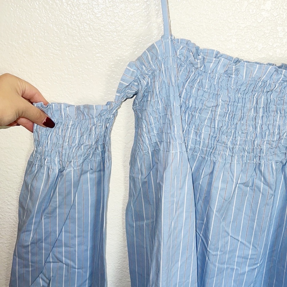 Wrangler Light Blue Striped Cold Shoulder Skinny Strap Long Sleeve Mini Dress - Picture 2 of 9